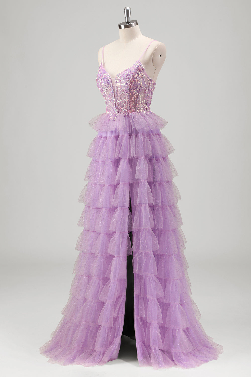 Sparkly A Line Tiered Lilac Paillettes Abito da Cerimonia con fessura