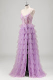 Sparkly A Line Tiered Lilac Paillettes Abito da Cerimonia con fessura
