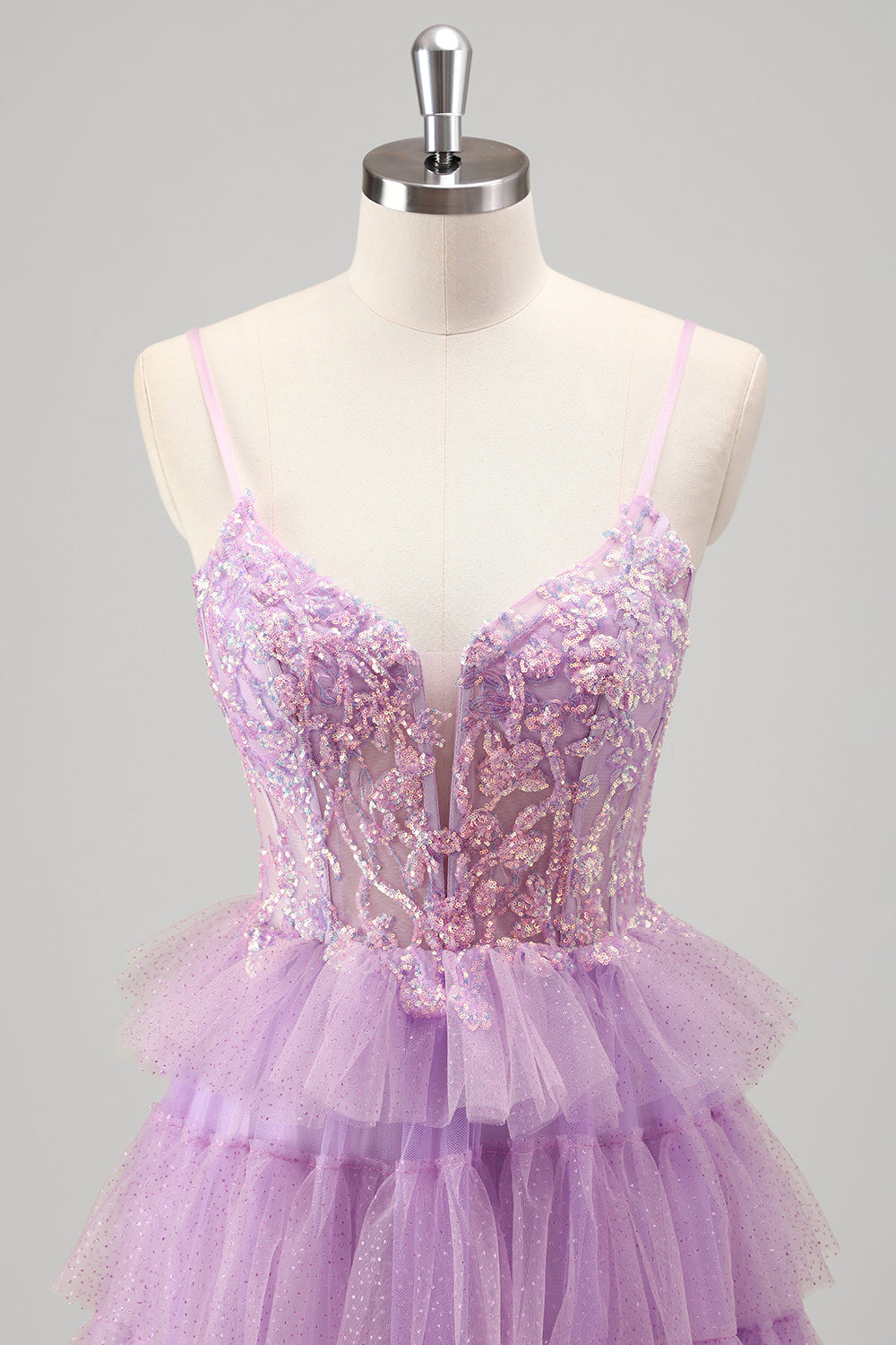Sparkly A Line Tiered Lilac Paillettes Abito da Cerimonia con fessura
