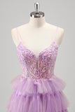 Sparkly A Line Tiered Lilac Paillettes Abito da Cerimonia con fessura
