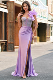 Scintillante Lilla Mermaid Corsetto in rilievo One Spalla Abito da ballo lungo con fessura