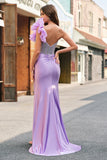 Scintillante Lilla Mermaid Corsetto in rilievo One Spalla Abito da ballo lungo con fessura