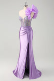 Scintillante Lilla Mermaid Corsetto in rilievo One Spalla Abito da ballo lungo con fessura