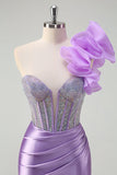 Scintillante Lilla Mermaid Corsetto in rilievo One Spalla Abito da ballo lungo con fessura