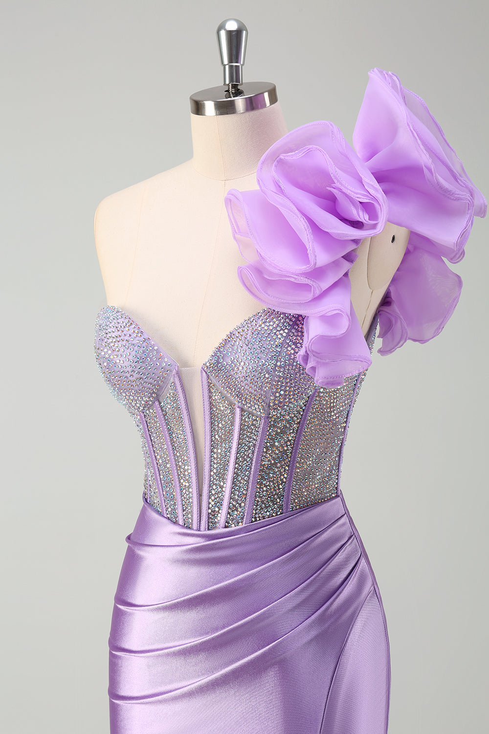 Scintillante Lilla Mermaid Corsetto in rilievo One Spalla Abito da ballo lungo con fessura