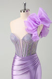 Scintillante Lilla Mermaid Corsetto in rilievo One Spalla Abito da ballo lungo con fessura
