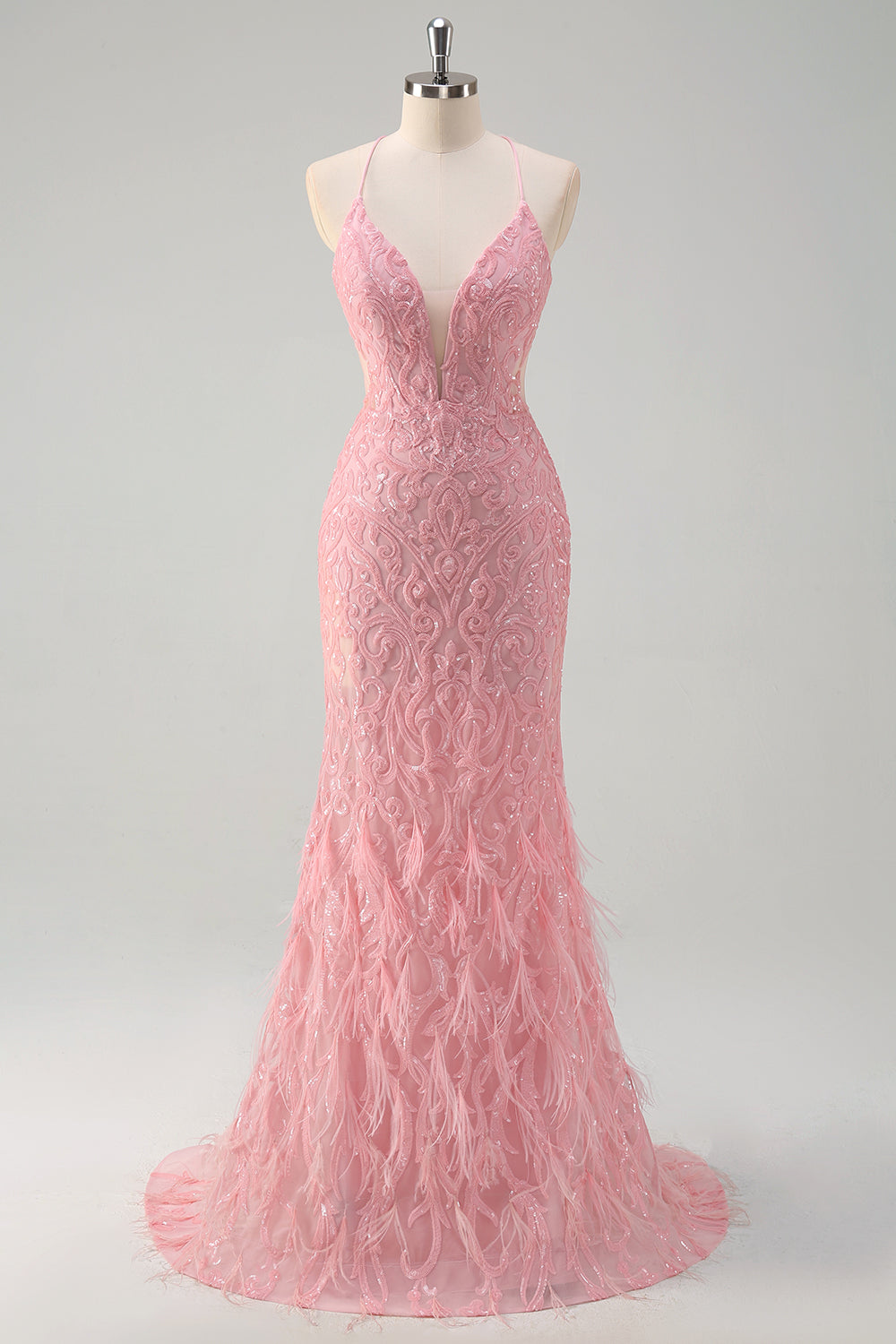 Scintillante rosa sirena spaghetti cinghie paillettes lungo abito da ballo con piume