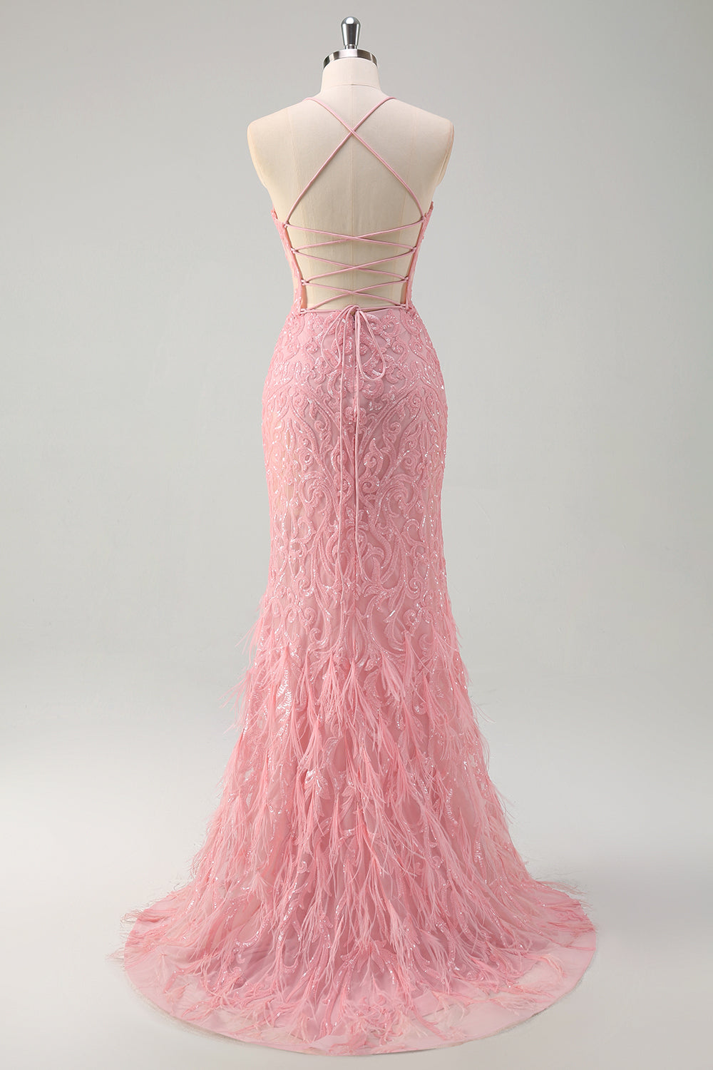 Scintillante rosa sirena spaghetti cinghie paillettes lungo abito da ballo con piume