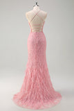 Scintillante rosa sirena spaghetti cinghie paillettes lungo abito da ballo con piume
