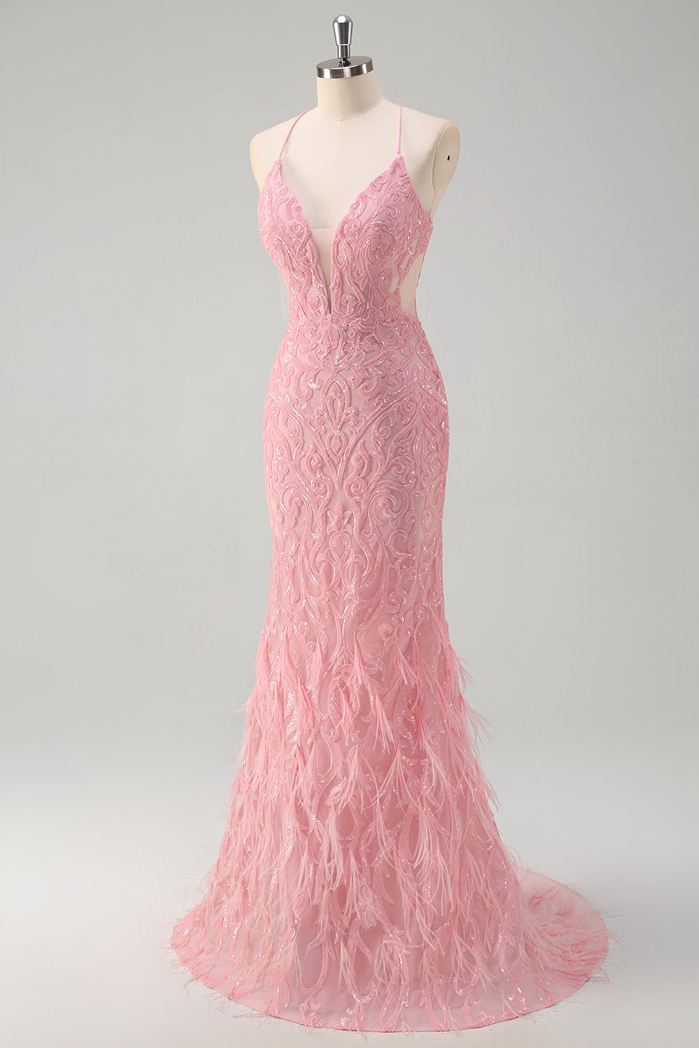Scintillante rosa sirena spaghetti cinghie paillettes lungo abito da ballo con piume