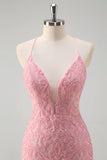 Scintillante rosa sirena spaghetti cinghie paillettes lungo abito da ballo con piume