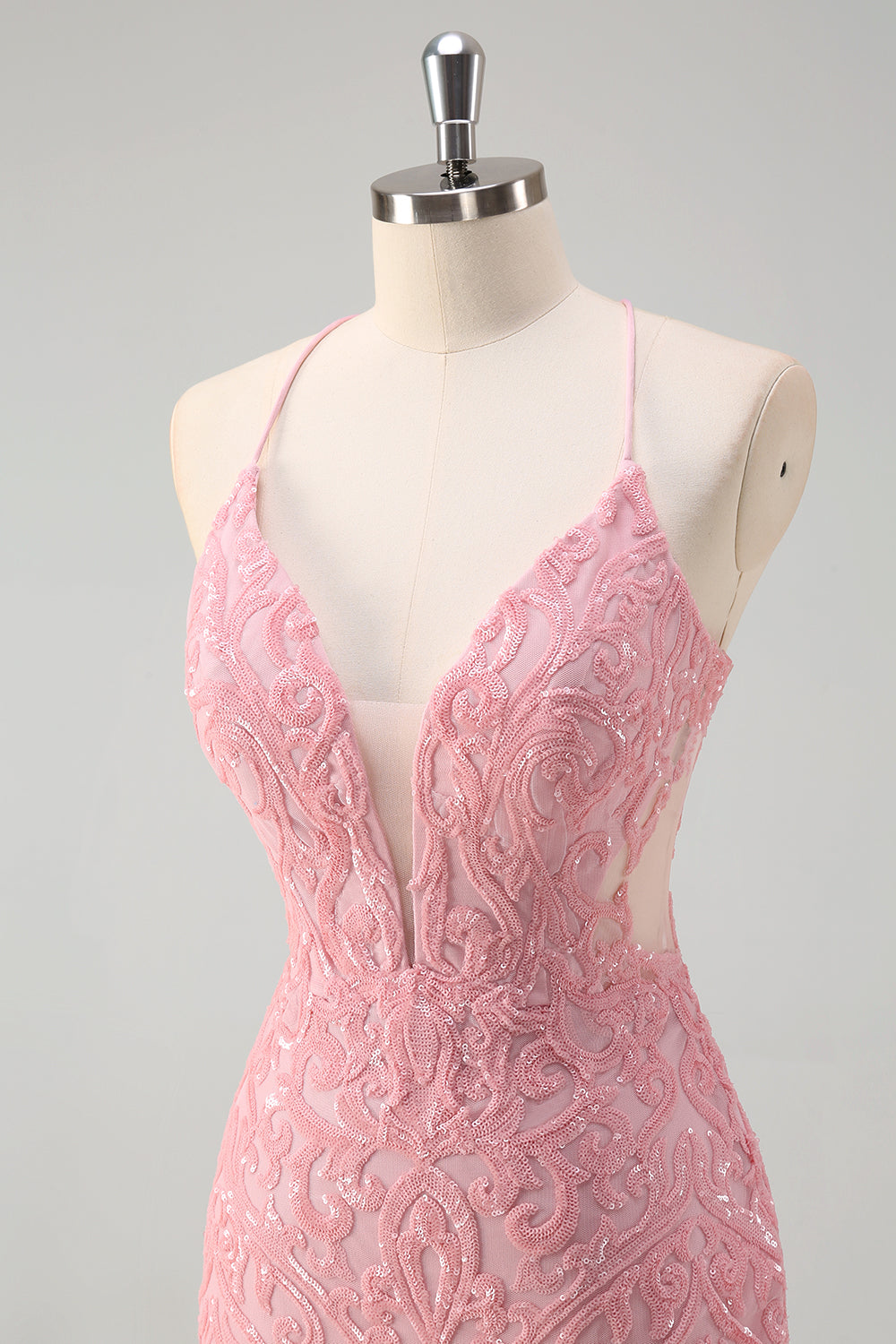 Scintillante rosa sirena spaghetti cinghie paillettes lungo abito da ballo con piume