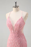 Scintillante rosa sirena spaghetti cinghie paillettes lungo abito da ballo con piume