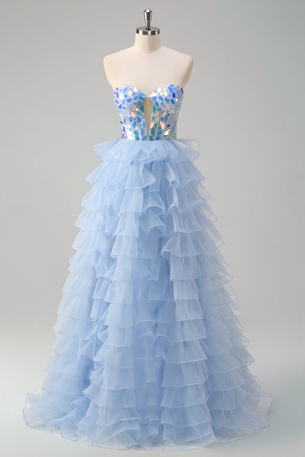 Blu A-Line Sweetheart buco della serratura corsetto a più livelli specchi volant lungo abito da ballo