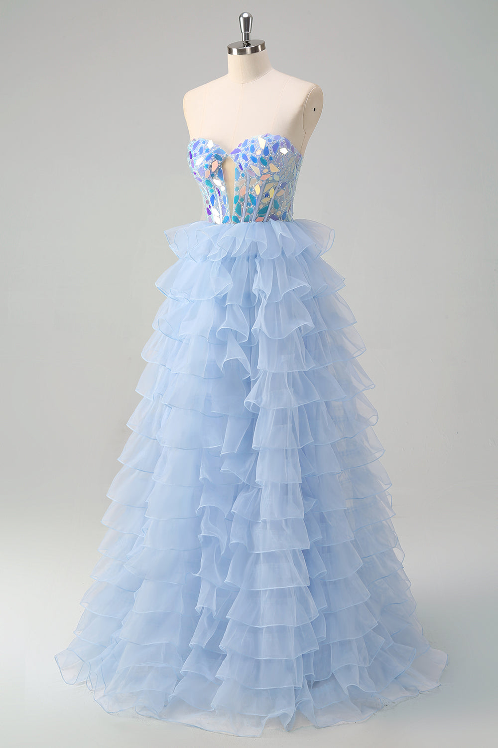 Blu A-Line Sweetheart buco della serratura corsetto a più livelli specchi volant lungo abito da ballo