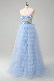 Blu A-Line Sweetheart buco della serratura corsetto a più livelli specchi volant lungo abito da ballo