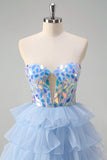 Blu A-Line Sweetheart buco della serratura corsetto a più livelli specchi volant lungo abito da ballo