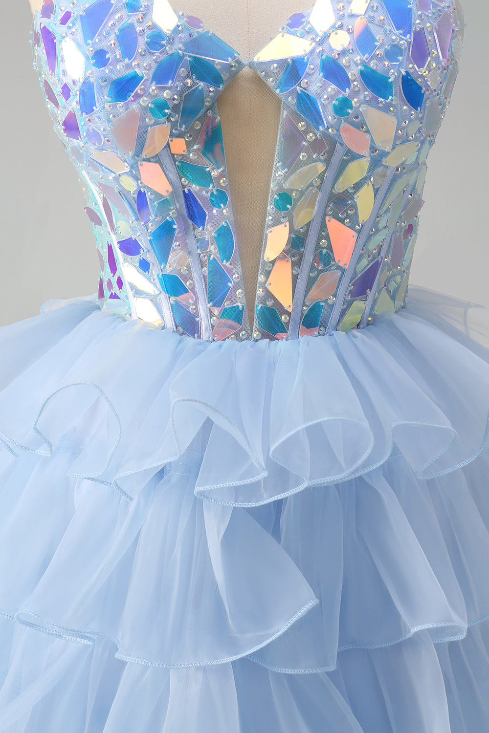 Blu A-Line Sweetheart buco della serratura corsetto a più livelli specchi volant lungo abito da ballo