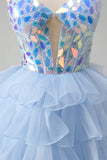 Blu A-Line Sweetheart buco della serratura corsetto a più livelli specchi volant lungo abito da ballo