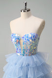 Blu A-Line Sweetheart buco della serratura corsetto a più livelli specchi volant lungo abito da ballo