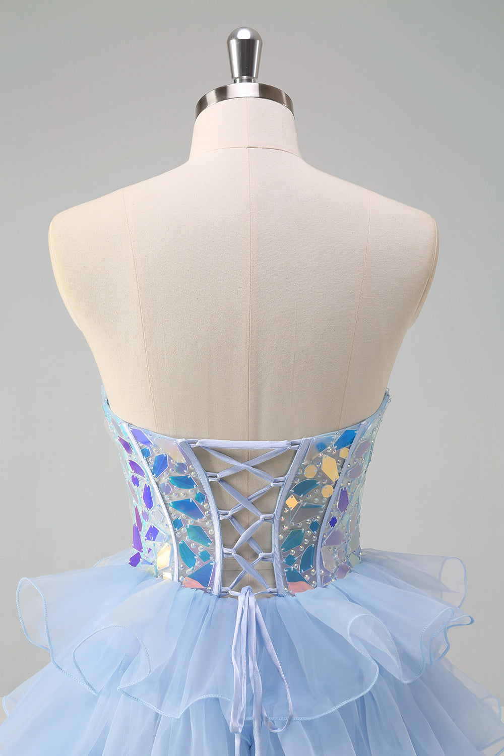 Blu A-Line Sweetheart buco della serratura corsetto a più livelli specchi volant lungo abito da ballo