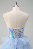 Blu A-Line Sweetheart buco della serratura corsetto a più livelli specchi volant lungo abito da ballo