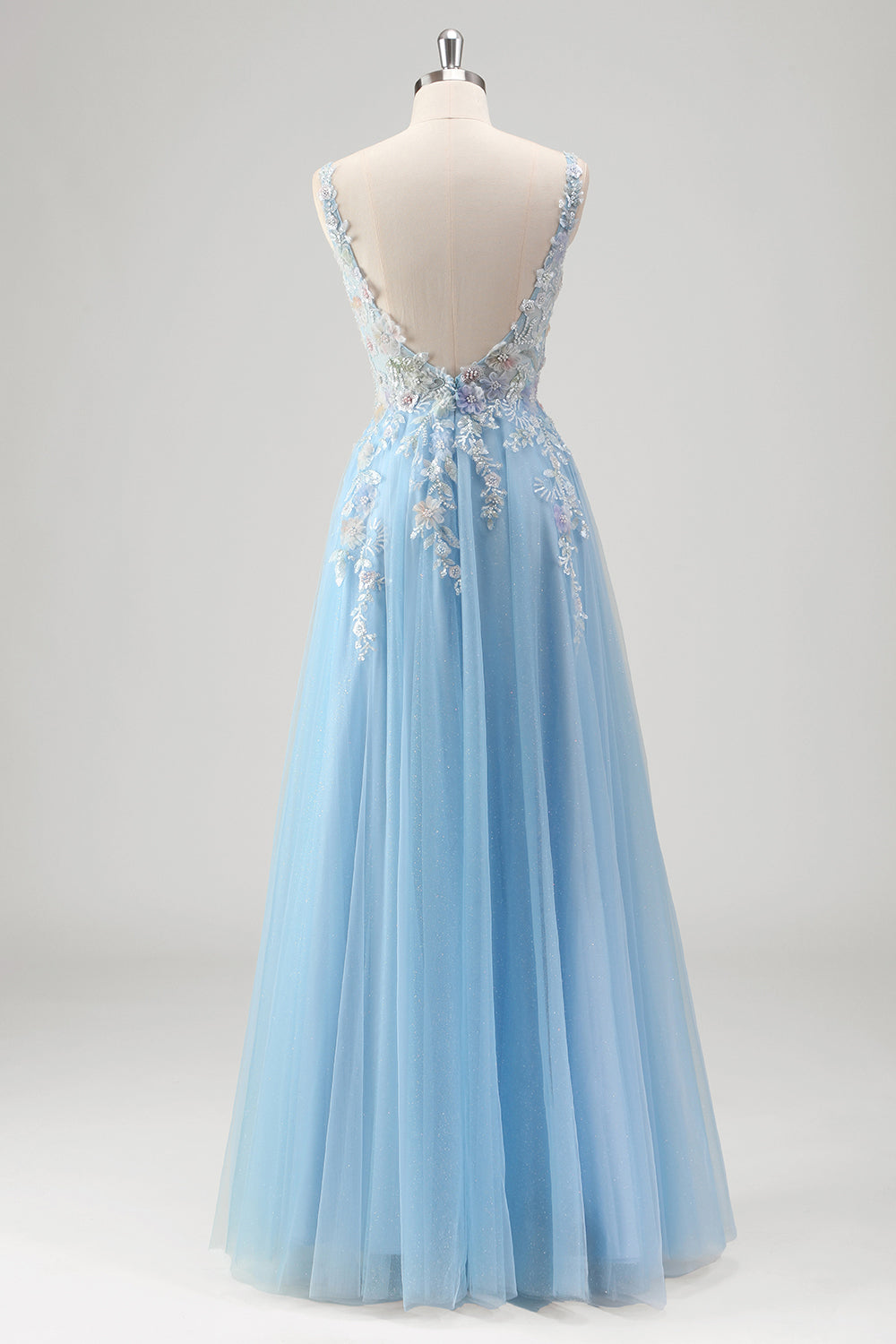 Azzurro A Line Spaghetti Straps Corsetto floreale applicato Abito da Cerimonia con fessura