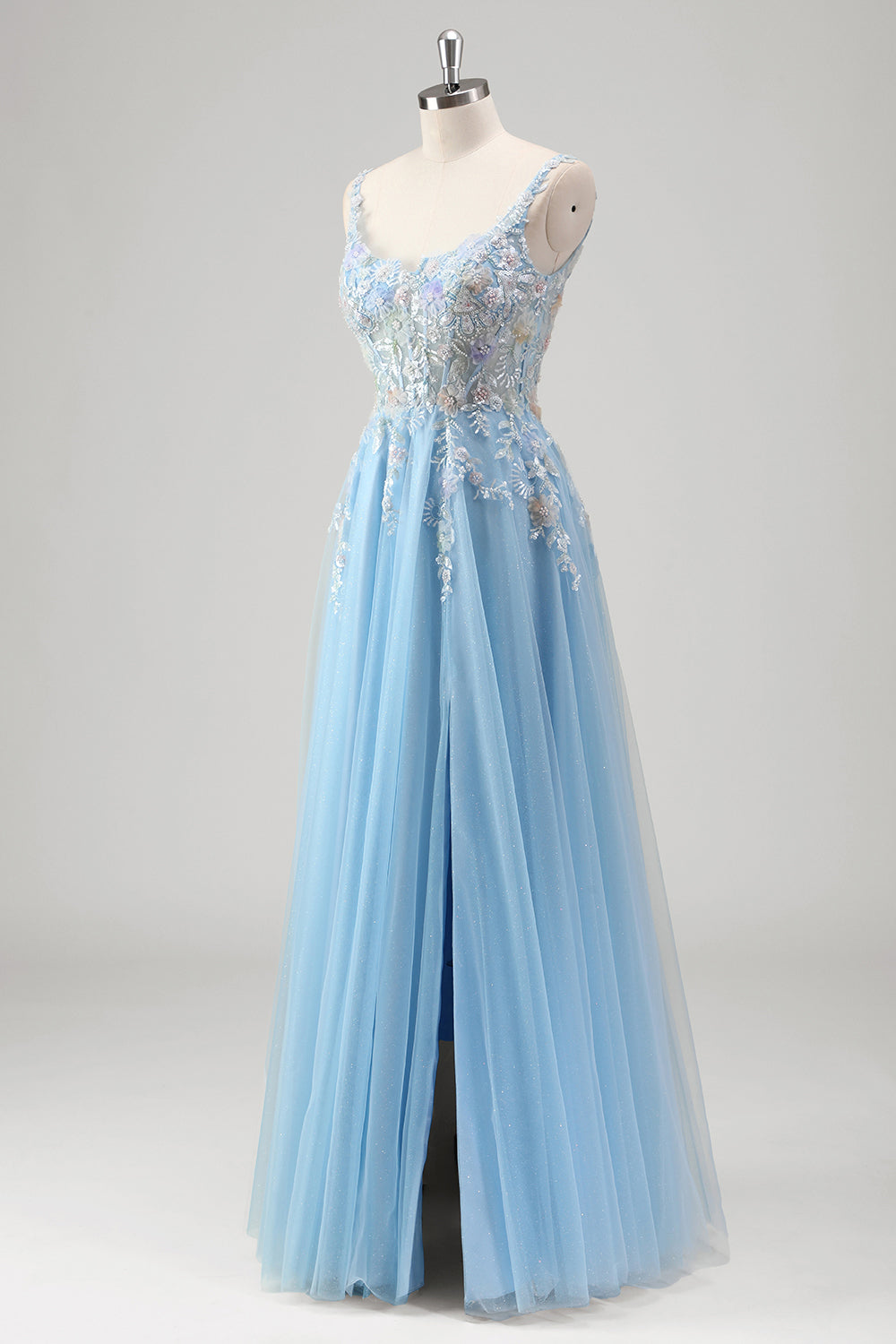 Azzurro A Line Spaghetti Straps Corsetto floreale applicato Abito da Cerimonia con fessura
