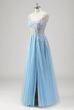 Azzurro A Line Spaghetti Straps Corsetto floreale applicato Abito da Cerimonia con fessura