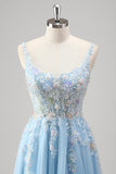 Azzurro A Line Spaghetti Straps Corsetto floreale applicato Abito da Cerimonia con fessura