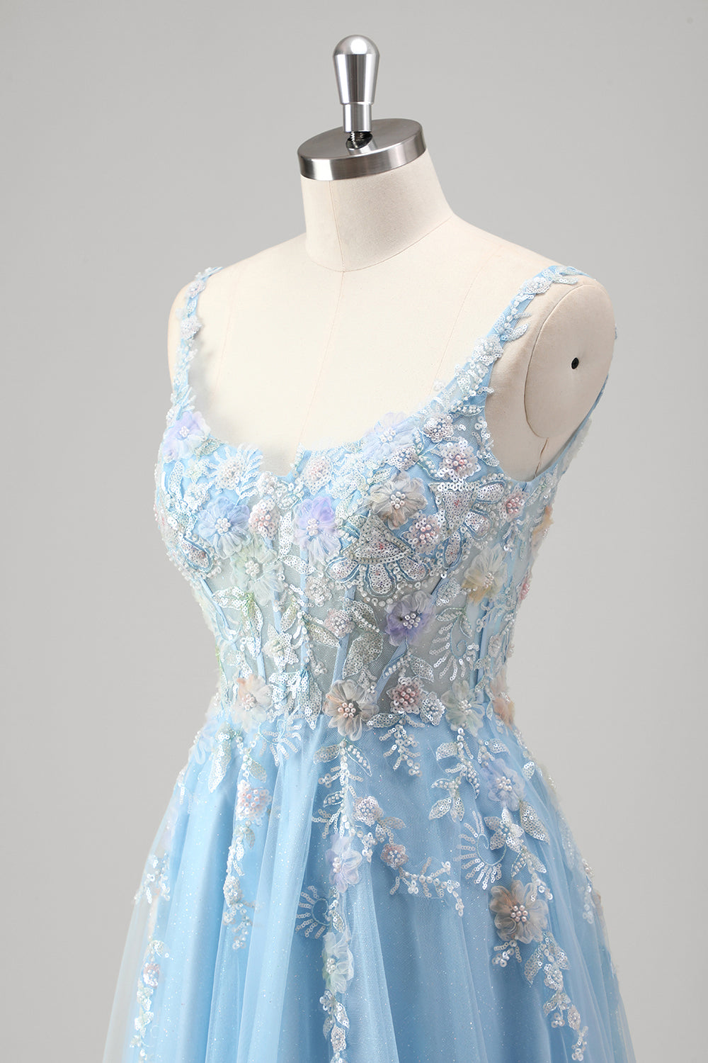 Azzurro A Line Spaghetti Straps Corsetto floreale applicato Abito da Cerimonia con fessura
