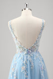 Azzurro A Line Spaghetti Straps Corsetto floreale applicato Abito da Cerimonia con fessura