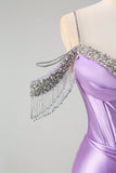 Scintillante sirena lilla spalla fredda nappe raso perline lungo abito da ballo con fessura
