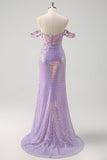 Scintillante Viola Chiaro Mermaid Off La Spalla Paillettes Abito da cerimonia con Fessura