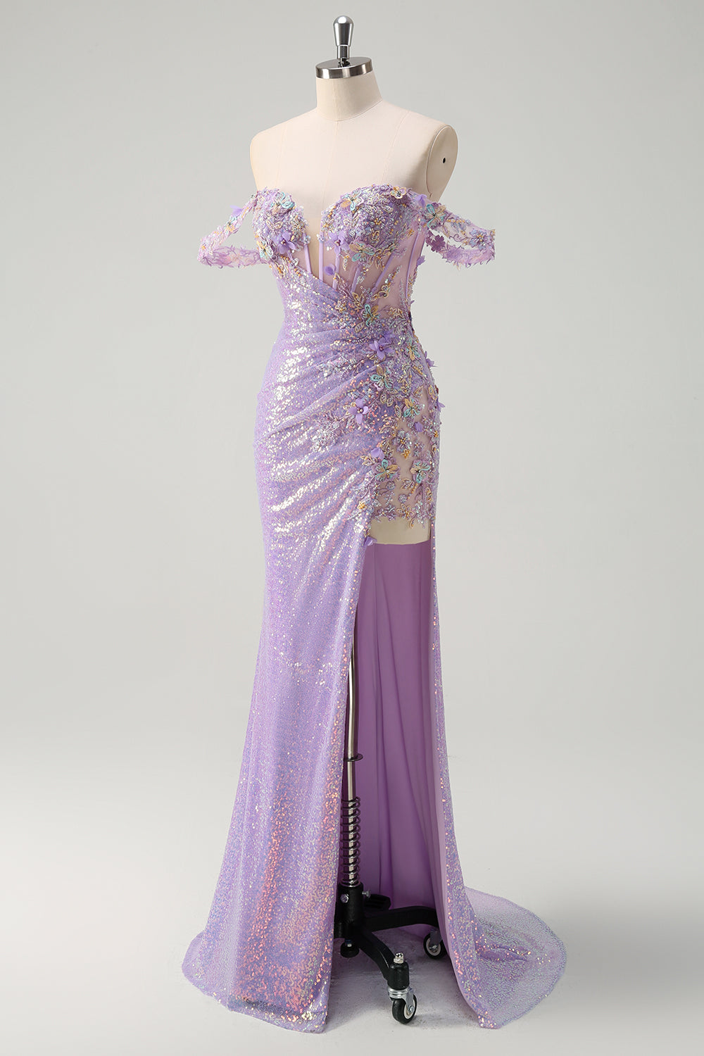 Scintillante Viola Chiaro Mermaid Off La Spalla Paillettes Abito da cerimonia con Fessura