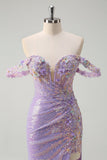 Scintillante Viola Chiaro Mermaid Off La Spalla Paillettes Abito da cerimonia con Fessura
