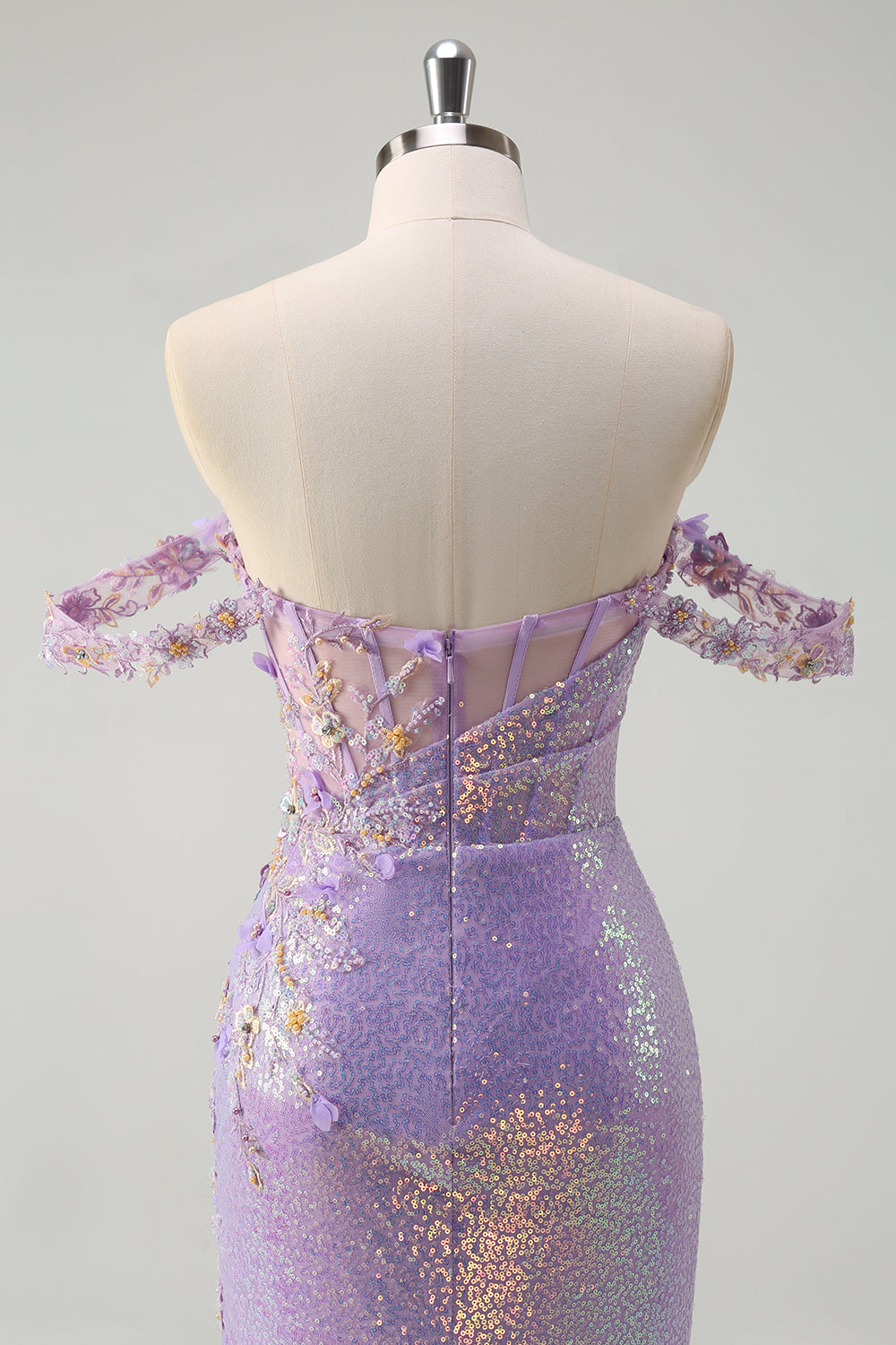 Scintillante Viola Chiaro Mermaid Off La Spalla Paillettes Abito da cerimonia con Fessura