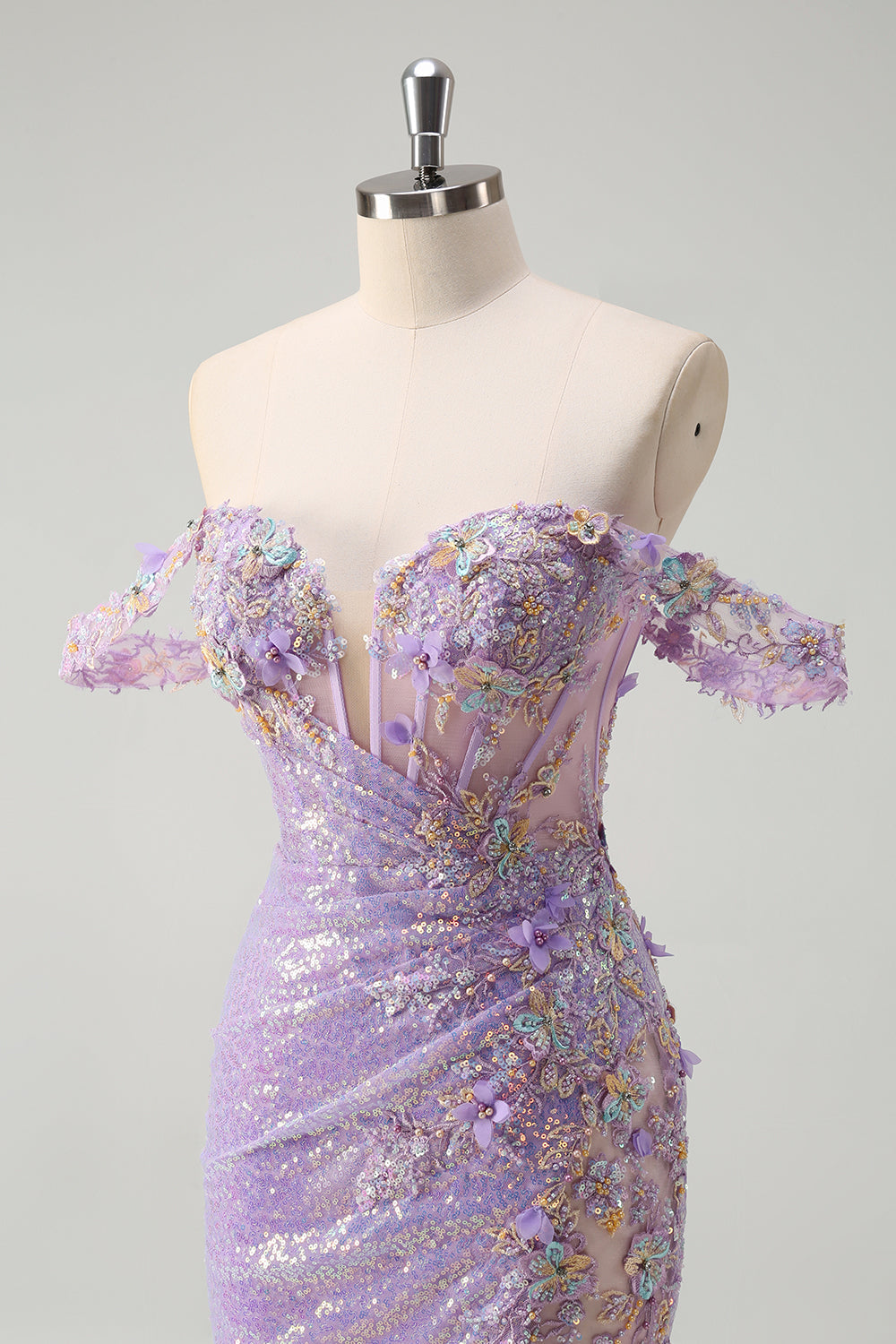 Scintillante Viola Chiaro Mermaid Off La Spalla Paillettes Abito da cerimonia con Fessura
