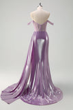 Viola chiaro fuori dalla spalla Watteau treno sirena corsetto metallico Abito da cerimonia