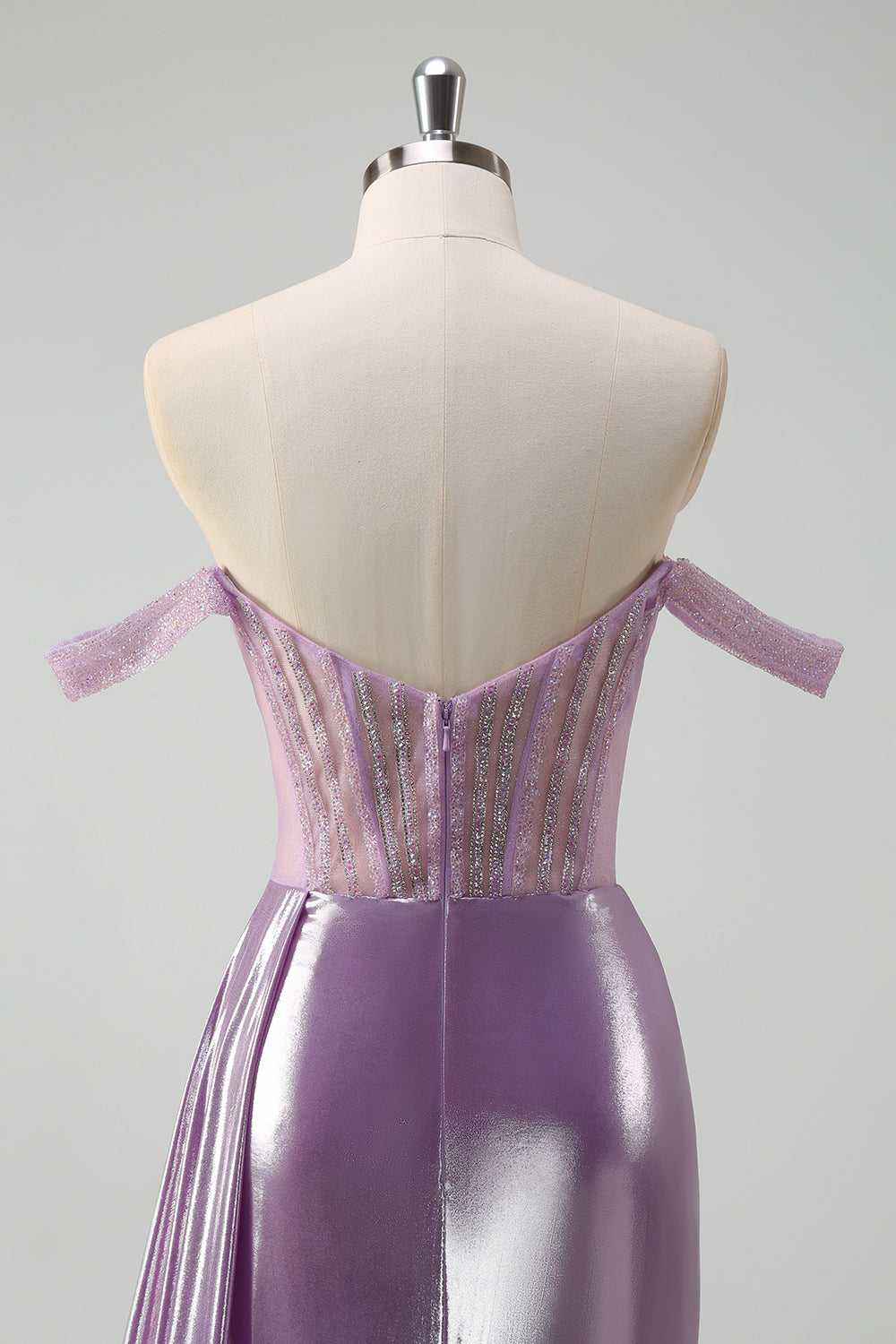 Viola chiaro fuori dalla spalla Watteau treno sirena corsetto metallico Abito da cerimonia