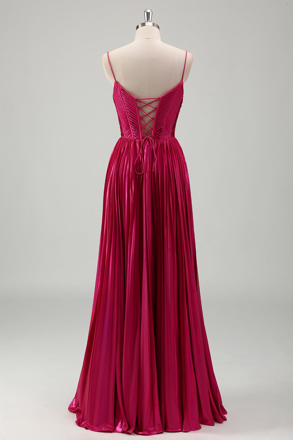 Fucsia A Line Spaghetti Straps Corsetto Abito da cerimonia a pieghe con lacci sul retro
