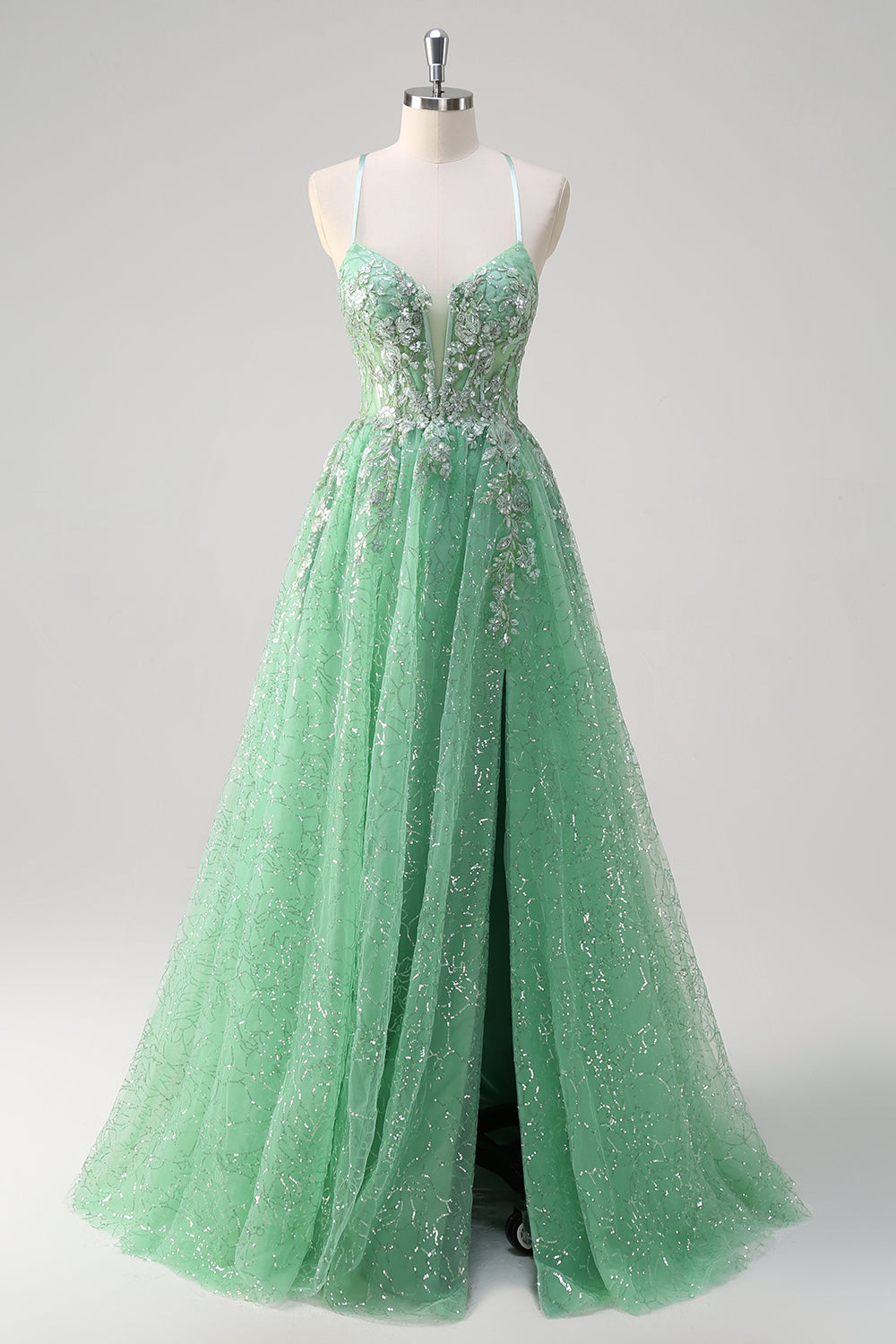 Sparkly verde chiaro una linea di spaghetti spalline corsetto tulle Abito da cerimonia con fessura