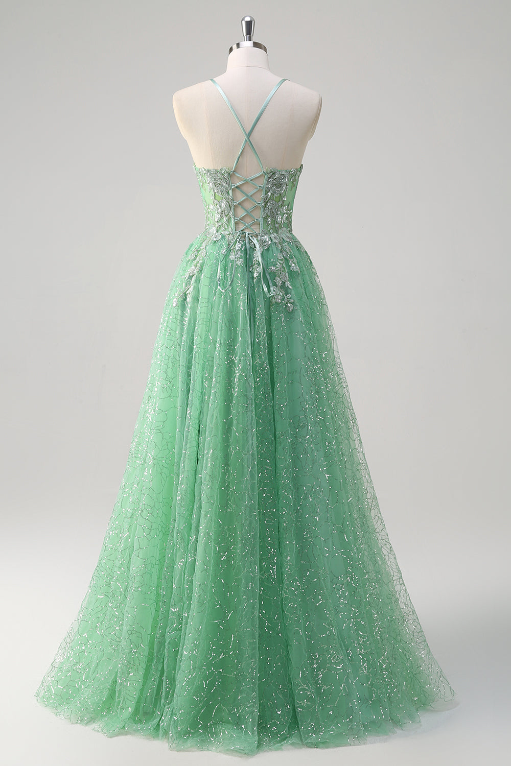 Sparkly verde chiaro una linea di spaghetti spalline corsetto tulle Abito da cerimonia con fessura