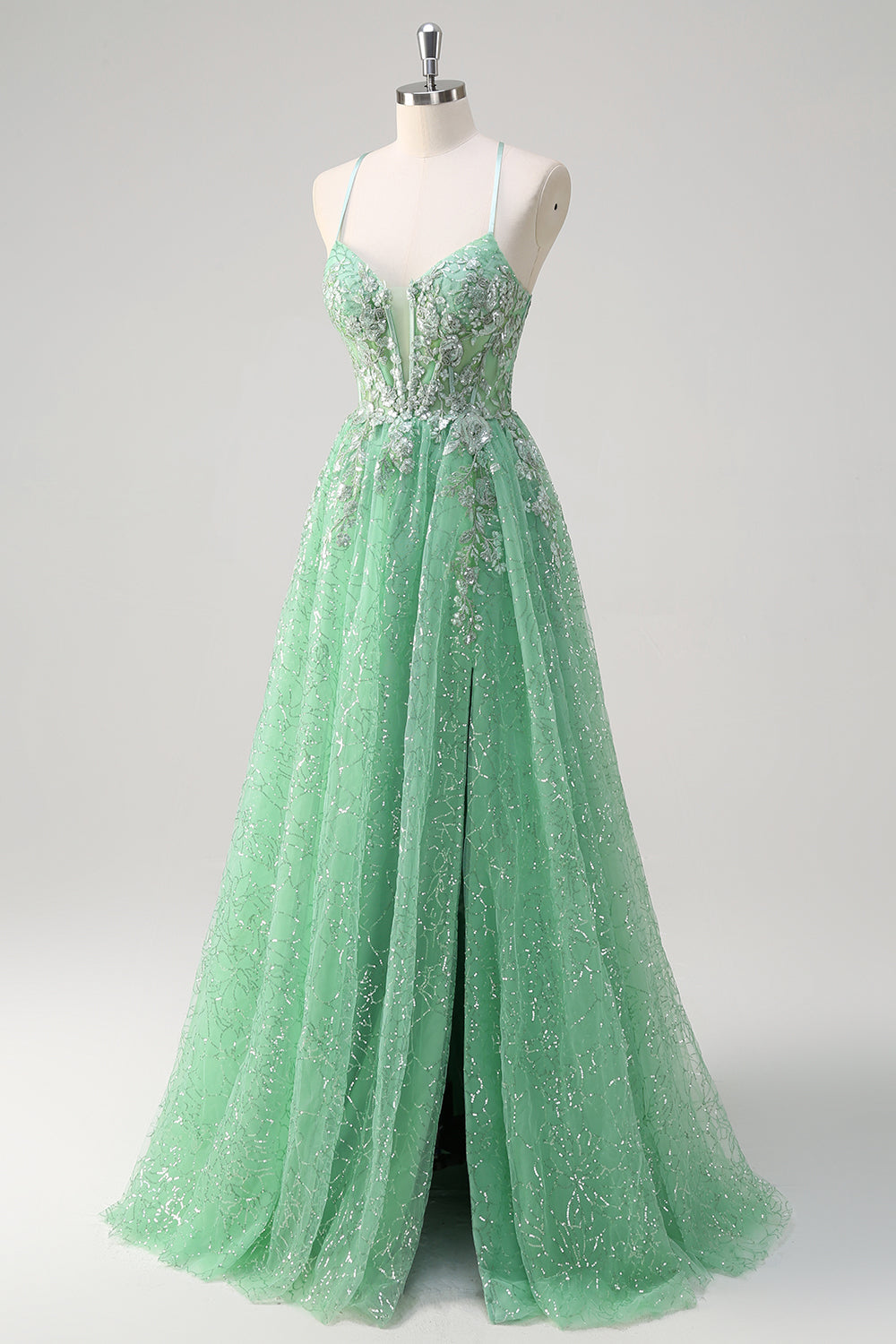 Sparkly verde chiaro una linea di spaghetti spalline corsetto tulle Abito da cerimonia con fessura