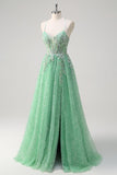 Sparkly verde chiaro una linea di spaghetti spalline corsetto tulle Abito da cerimonia con fessura