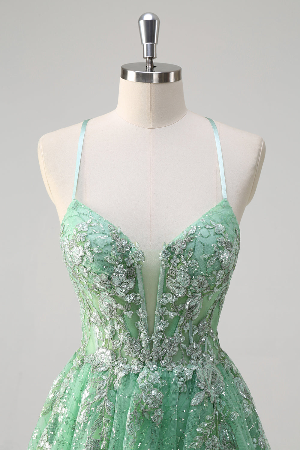 Sparkly verde chiaro una linea di spaghetti spalline corsetto tulle Abito da cerimonia con fessura