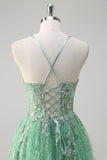 Sparkly verde chiaro una linea di spaghetti spalline corsetto tulle Abito da cerimonia con fessura