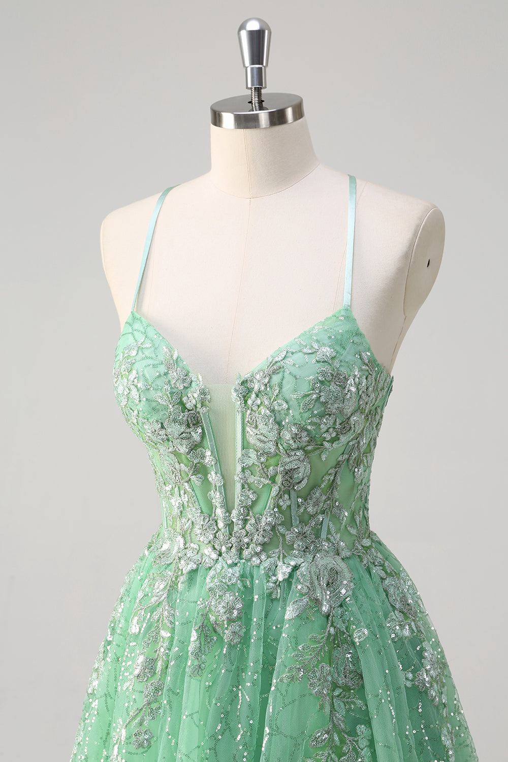Sparkly verde chiaro una linea di spaghetti spalline corsetto tulle Abito da cerimonia con fessura