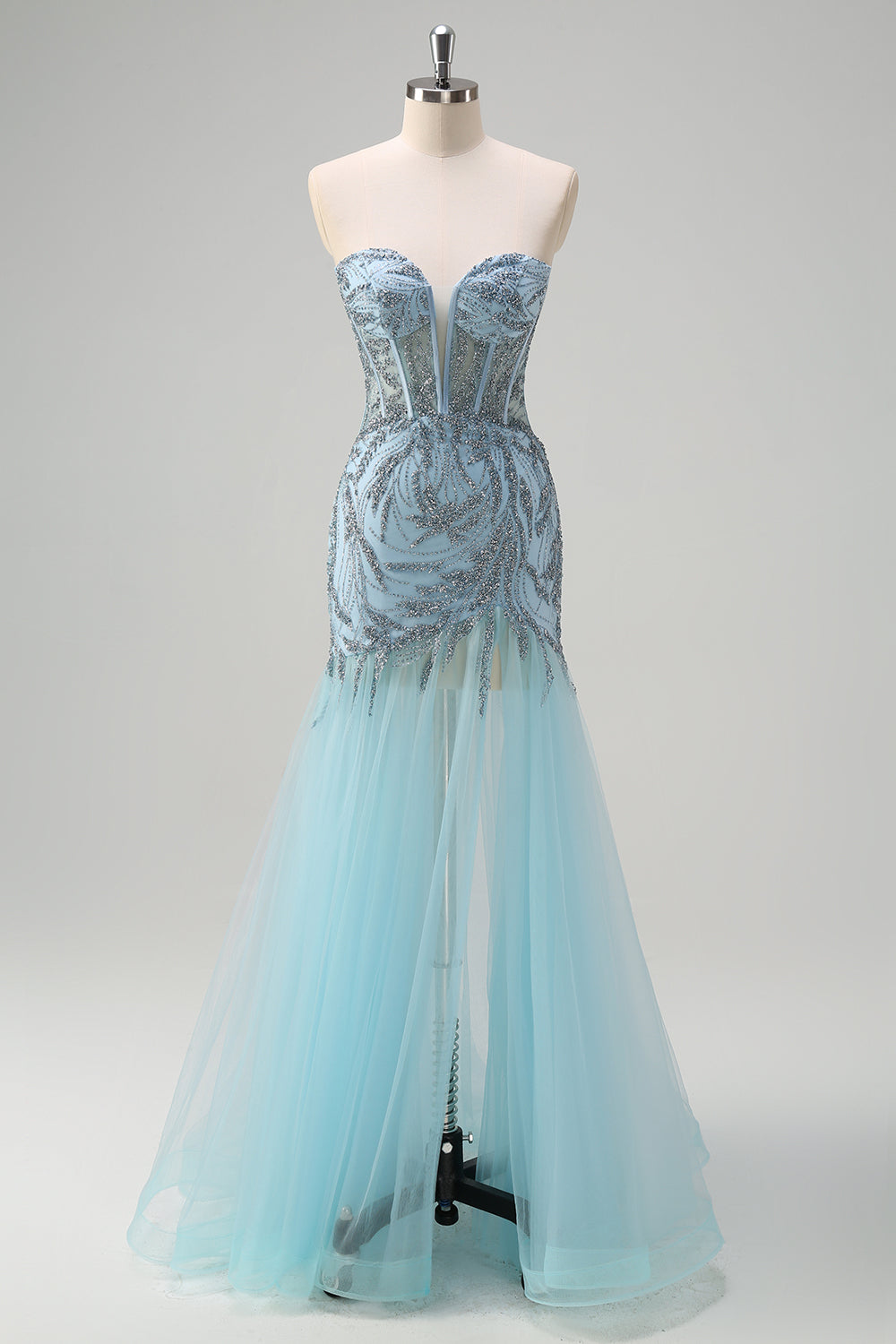 Scintillante luce blu sirena corsetto senza spalline lungo Abito da cerimonia con fessura