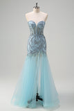 Scintillante luce blu sirena corsetto senza spalline lungo Abito da cerimonia con fessura